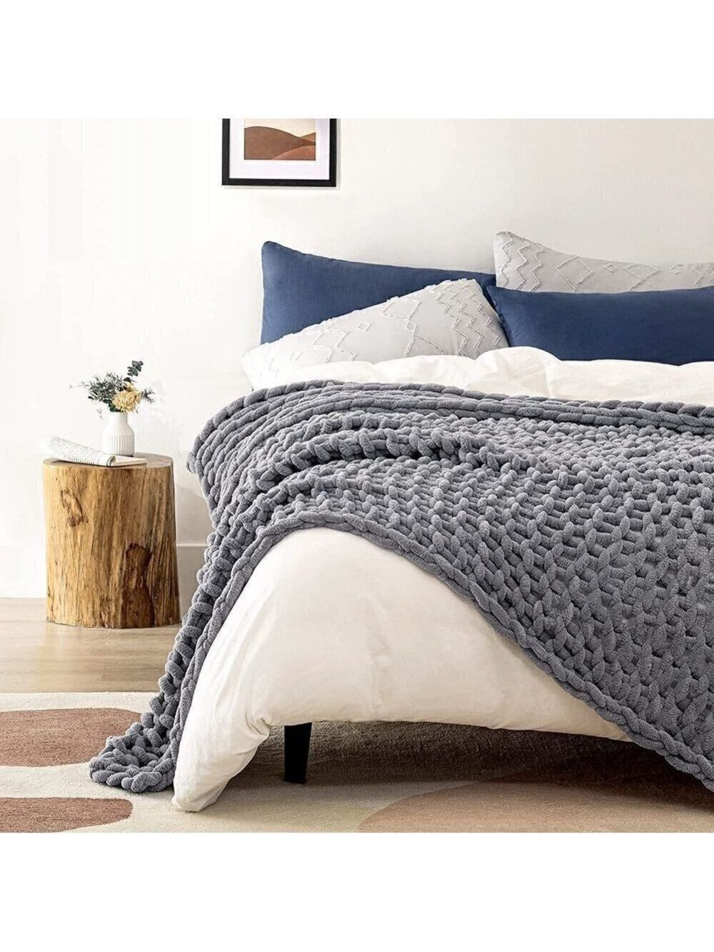 LUXURY Handmade Knitted Yarn Knit Blanket Gray Durable Soft Home Decor Gift NWT